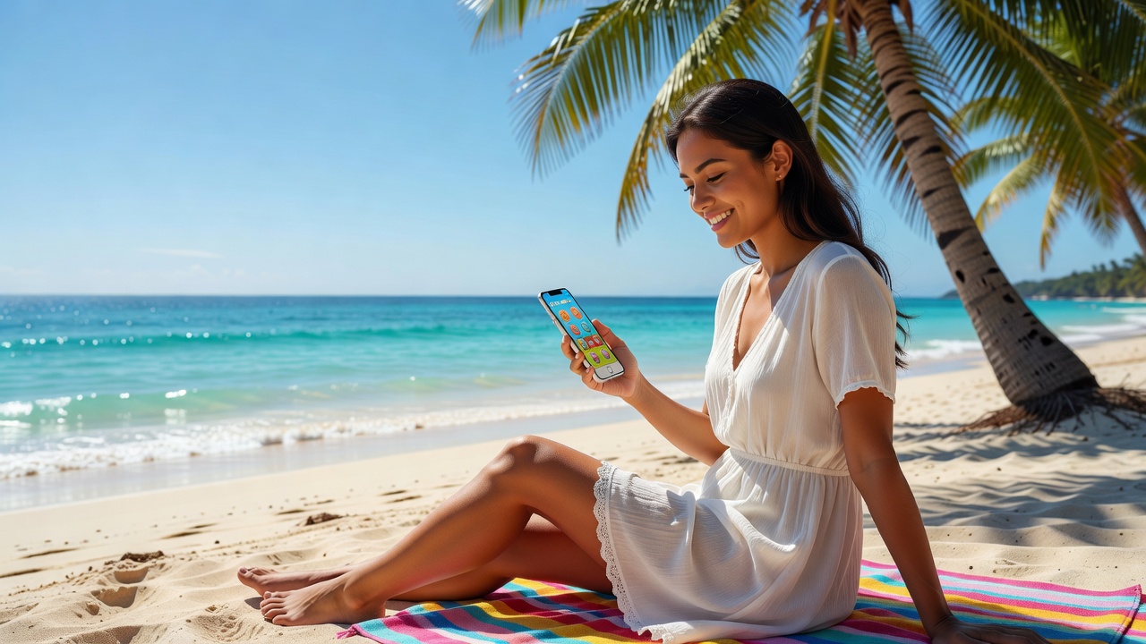 Woman Relaxing with Game on Beach